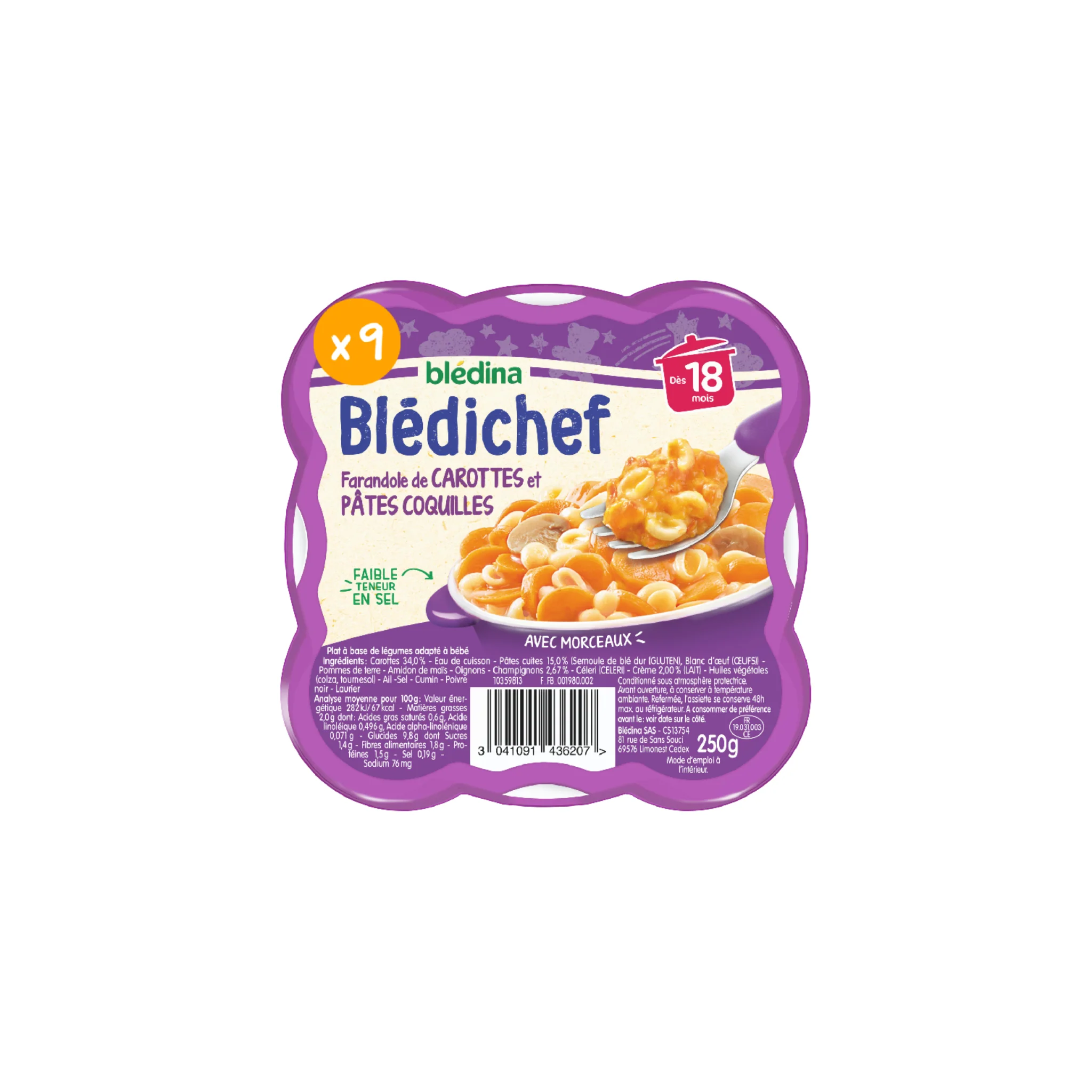 BLEDINA Blédichef Plat bébé dès 18 mois farandole de carottes et pâtes coquilles 250g -D33