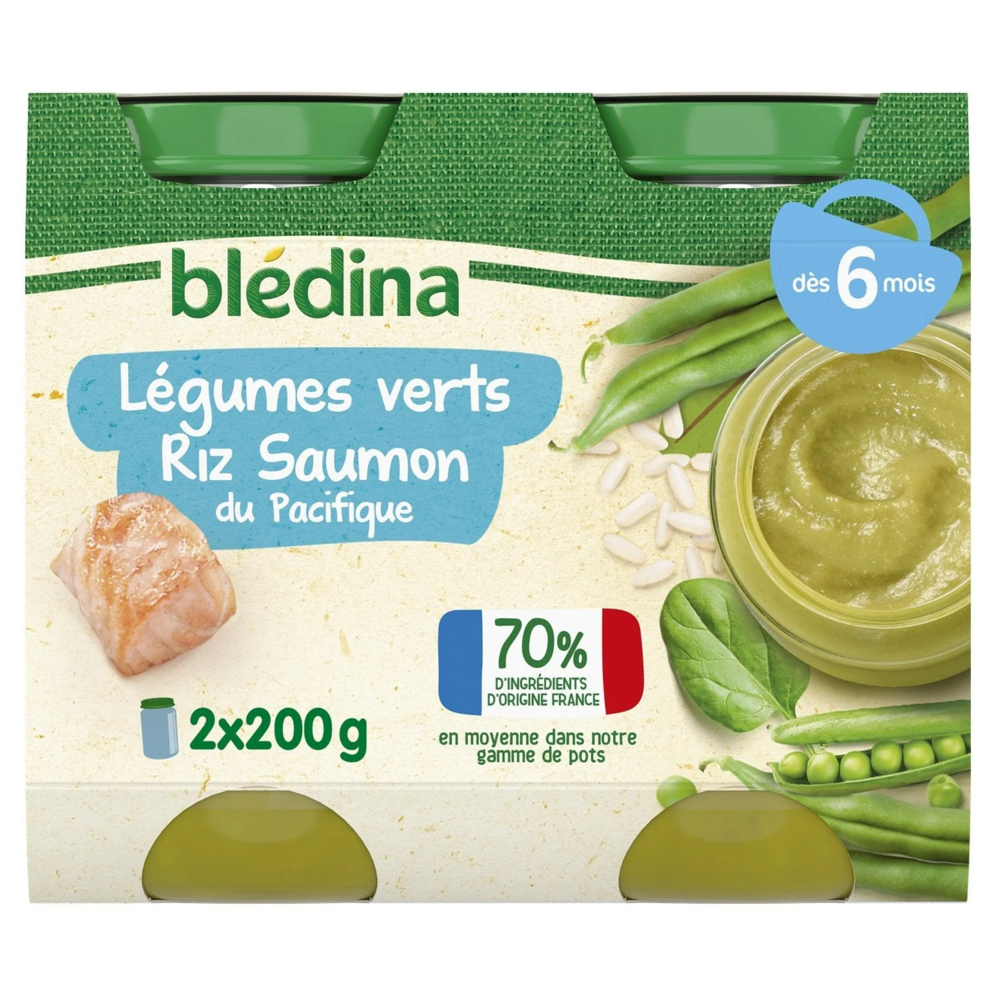 BLEDINA Plat bébé dès 6 mois Légumes verts Riz Saumon 400g -D11