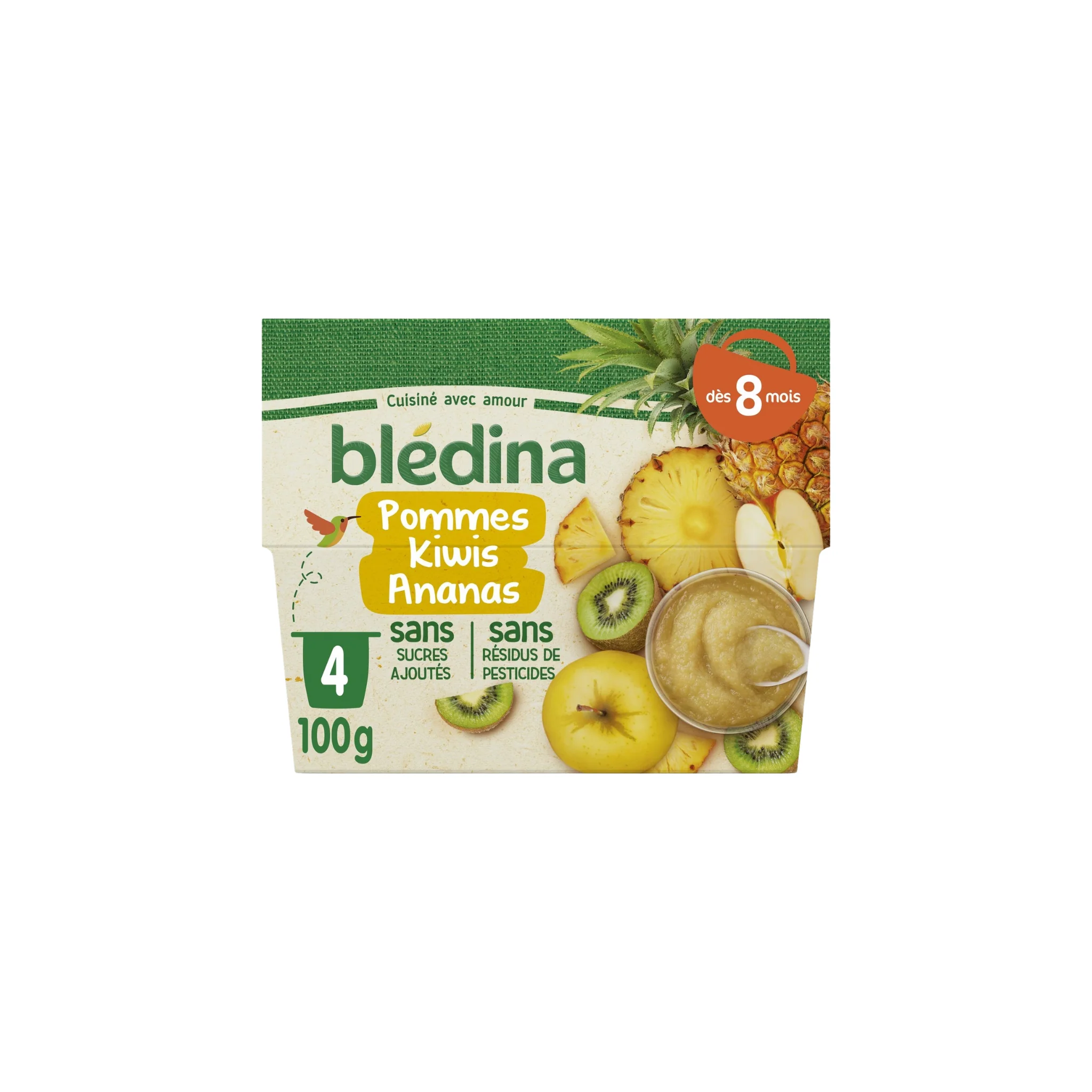 BLEDINA Purée de fruits bébé dès 8 mois pomme kiwis ananas 4 pots 400g -D31